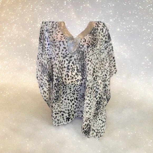 Joan Boyce Black/White Chiffon Tunic V-Neck w/Silver Beaded Trim Missy NWT $99 - Picture 3 of 8